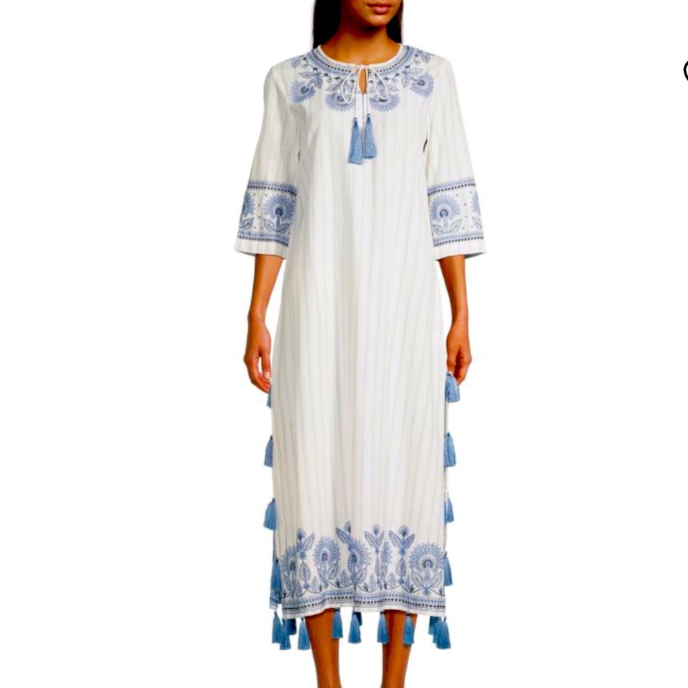 NWT Roller Rabbit Indriya Blue Embroidered Maxi Tunic Dress Tassels Small